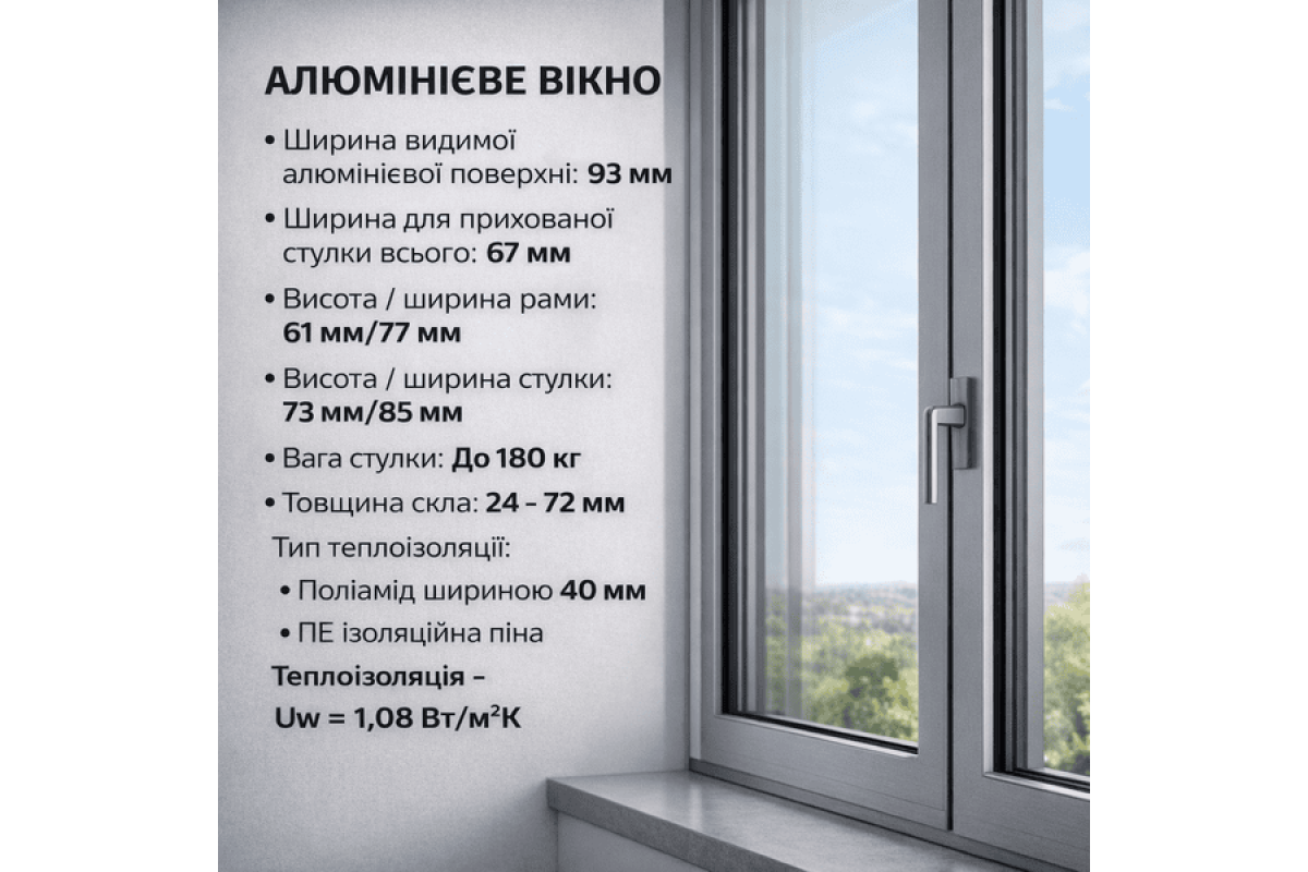 Алюмінієве вікно з термоізольованого профілю ALUMIL S77 двостулкове з одною поворотно-відкидною стулкою 2000*1700 мм антрацит