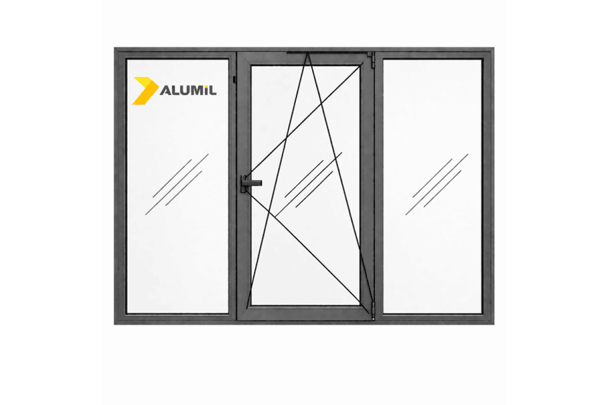 Алюминиевое окно из термоизолированного профиля ALUMIL S77 трехстворчатое с одной поворотно-откидной створкой 2700*1600 мм антрацит