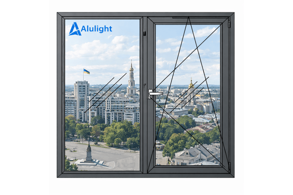 Алюминиевое окно с терморазрывом профиль AluLight W76 двухстворчатое с одной поворотно-откидной створкой 1200*1800 мм антрацит