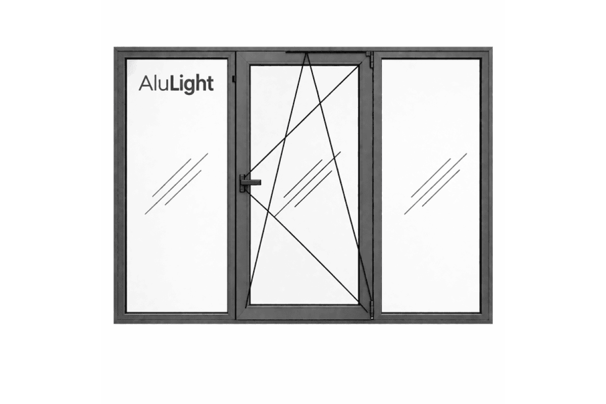 Алюминиевое окно с терморазрывом профиль AluLight W76 трехстворчатое с одной поворотно-откидной створкой 2050*1400 мм антрацит