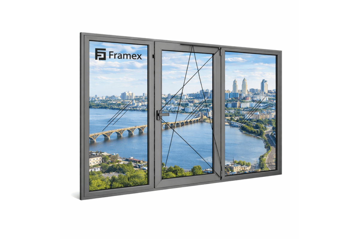 Алюминиевое окно из теплого профиля Framex FT 72 трехстворчатое с одной поворотно-откидной створкой 2200*1450 мм антрацит