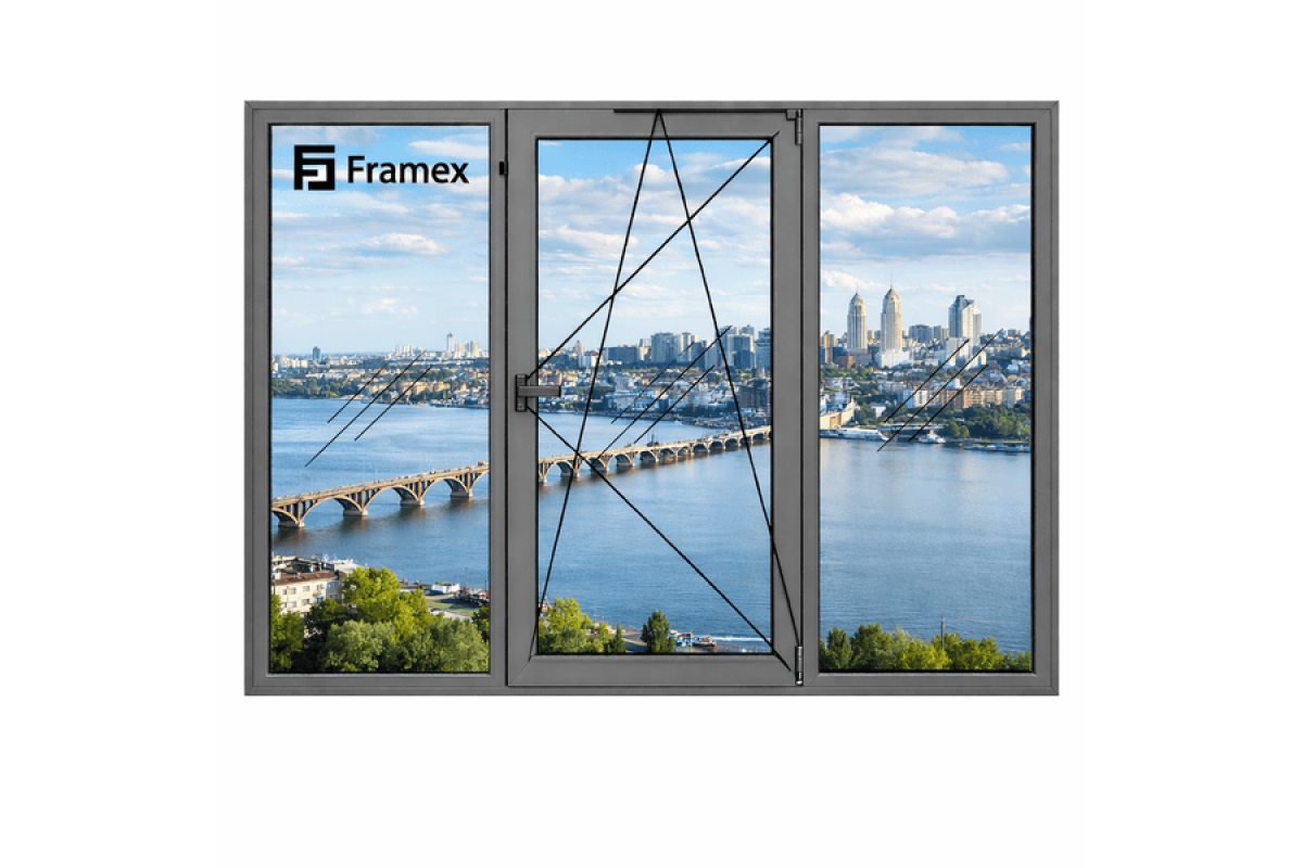 Алюминиевое окно из теплого профиля Framex FT 72 трехстворчатое с одной поворотно-откидной створкой 2000*1340 мм антрацит