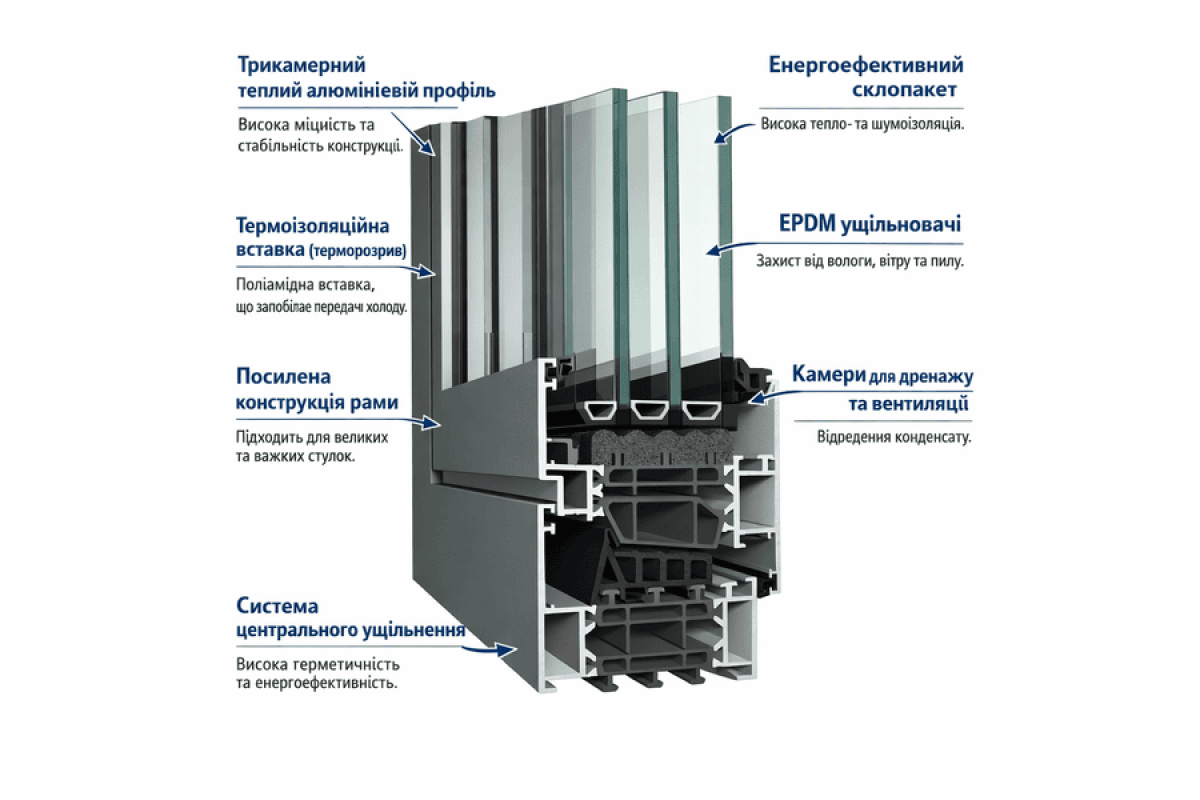 Алюмінієве вікно Reynaers MasterLine 8 HI+ з підвищеною теплоізоляцією поворотно-відкидне 2500*1700 мм антрацит RAL 7016