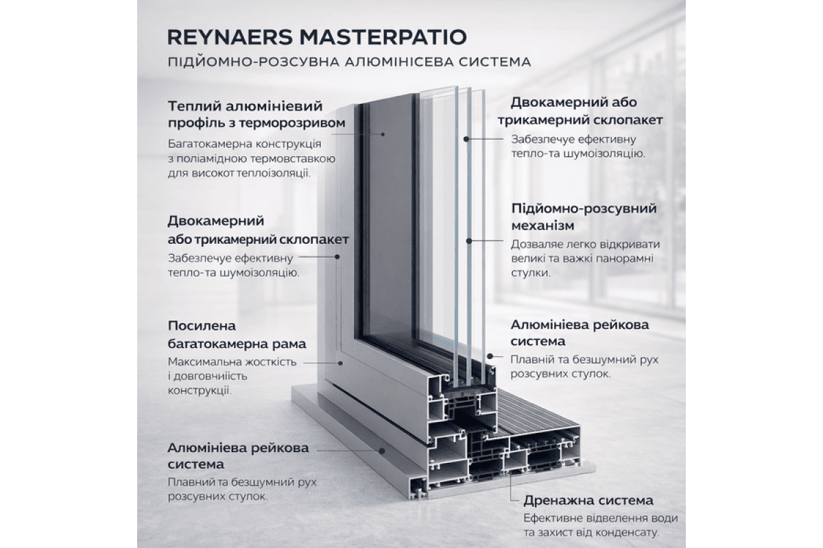 Алюмінієва підйомно-розсувна система Reynaers MasterPatio з теплоізоляцією 4000*2000 мм анодований алюміній