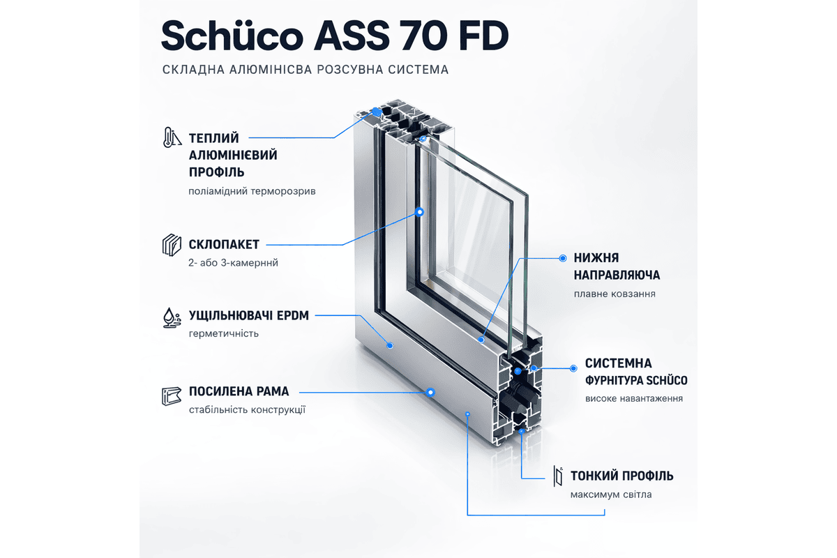 Алюминиевая складная раздвижная система (гармошка) Schüco ASS 70 FD с теплоизоляцией 2900*2000 мм антрацит RAL 7016