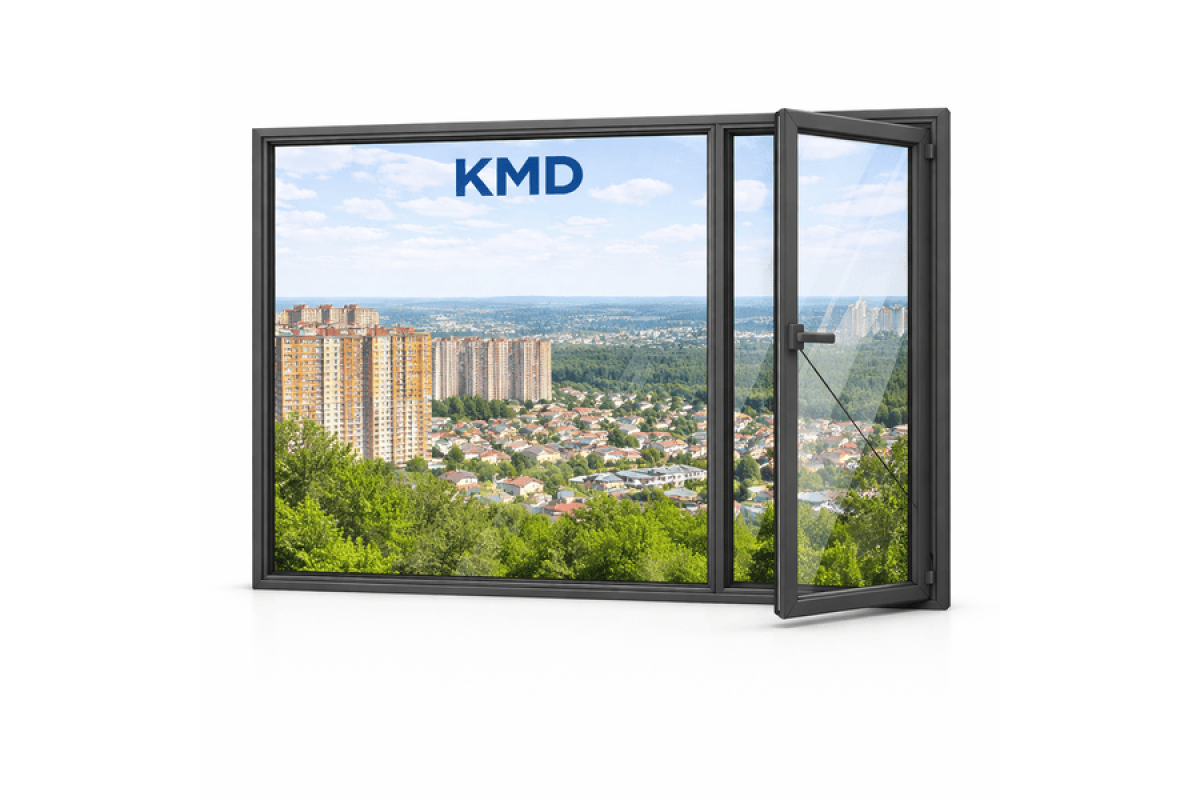 Алюминиевое окно из термоизолированного профиля KMD.78 двухстворчатое с одной поворотно-откидной створкой 2500*1500 мм антрацит