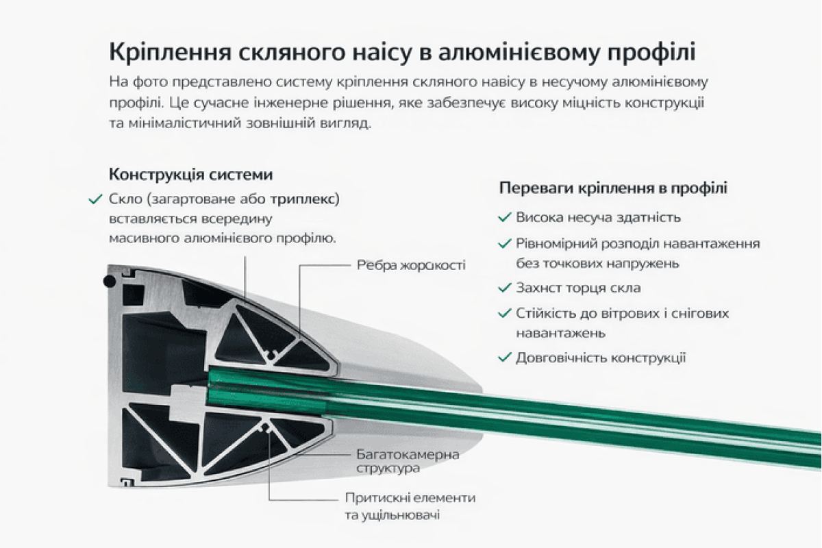 Навіс в профілі Invisio Skyline скло триплекс прозоре 1800*1000 мм хром