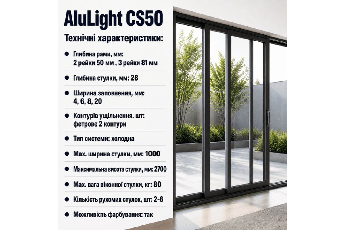 Алюминиевые раздвижные двери из холодного профиля ALULIGHT CS50 2000*2000 мм антрацит