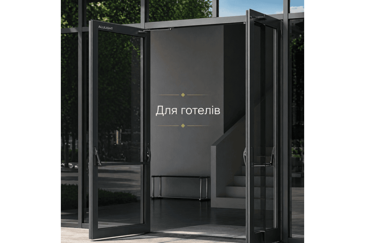 Алюмінієві вхідні двері для готелів з холодного профілю ALULIGHT С50 антрацит 1400*2200 мм