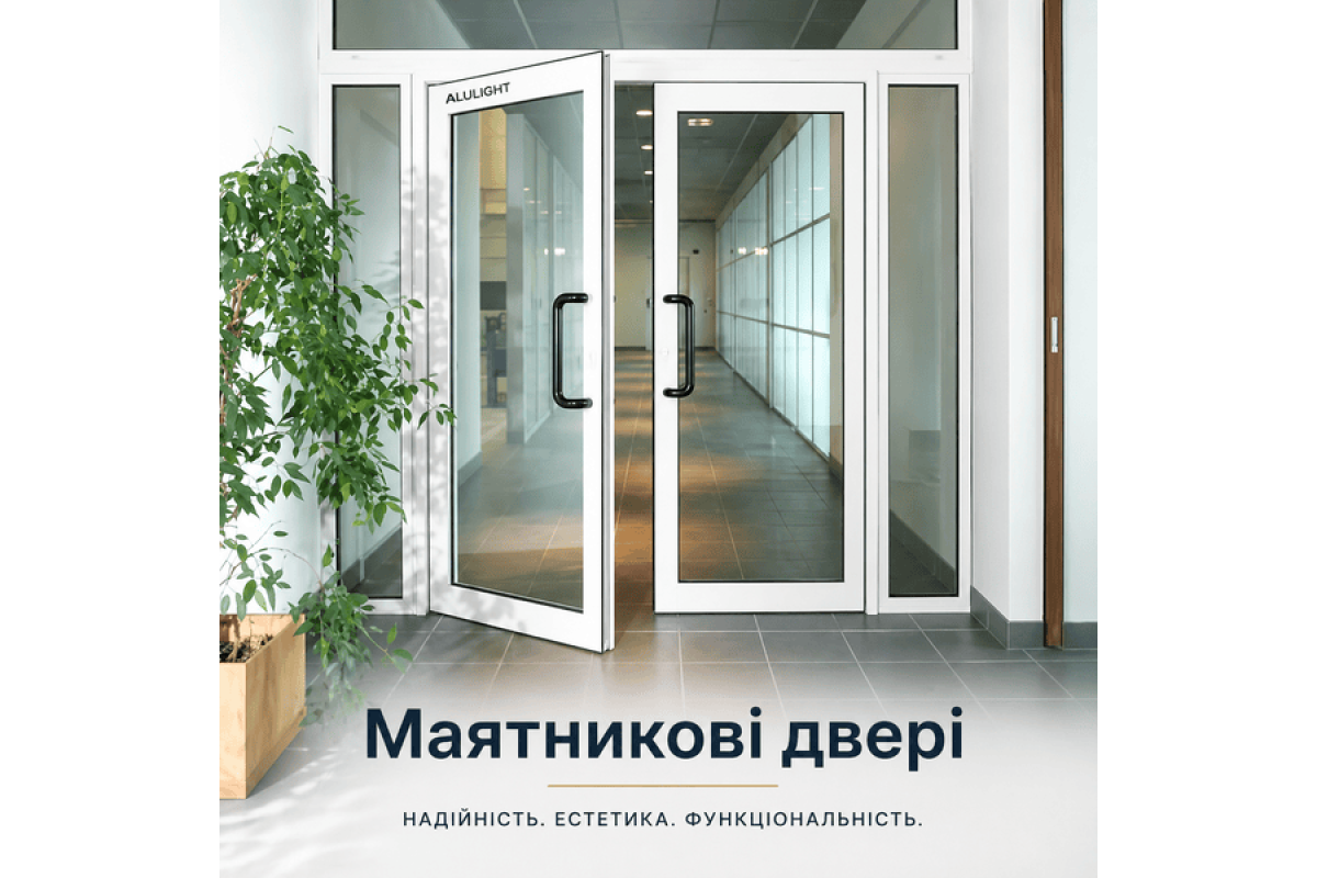 Алюмінієві двері маятникові для комерційних приміщень з холодного профілю ALULIGHT С50 білі 1400*2100 мм