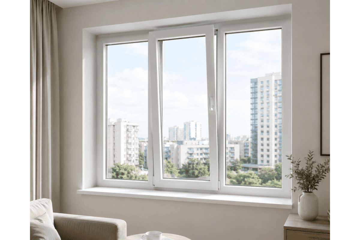 Металлопластиковое окно ламинированное VEKA Softline 76 3х-створчатое с поворотно-откидной створкой 2200 × 1100 мм