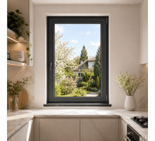 Металопластикове вікно антрацит ламіноване  VEKA Softline 76 одностулкове поворотно-відкидне 800 × 1400 мм