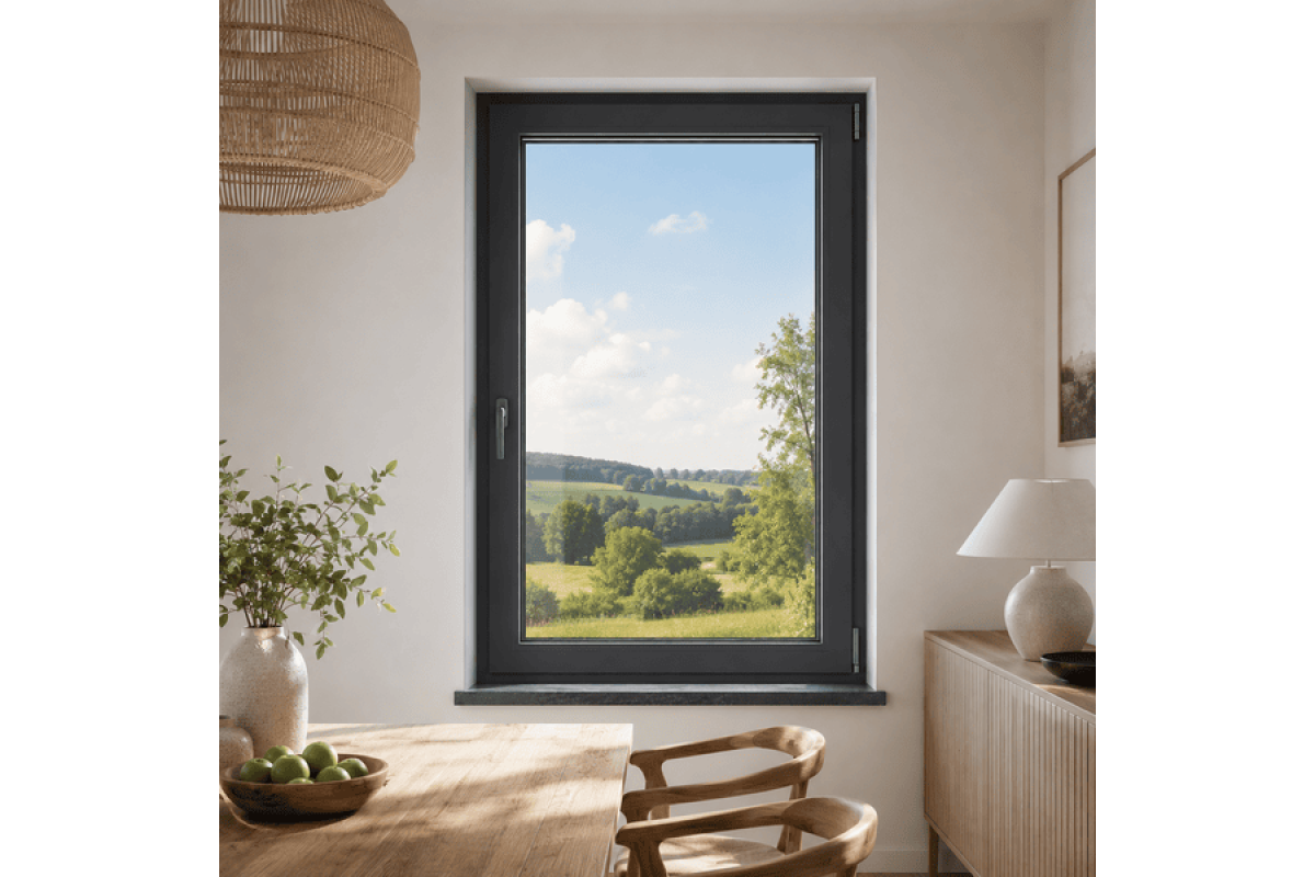Металопластикове вікно антрацит ламіноване VEKA Softline 82 одностулкове поворотно-відкидне 800 × 1400 мм