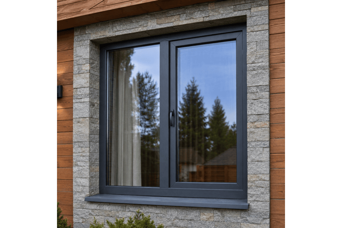 Металопластикове вікно антрацит ламіноване VEKA Softline 2х-стулкове з поворотно-відкидною стулкою 1400 × 1400 мм