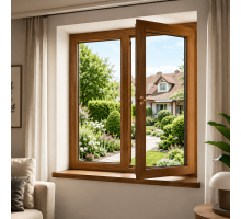 Металлопластиковое окно золотой дуб ламинированное VEKA Softline 82 2х-створчатое с поворотно-откидной створкой 1500 × 1400 мм