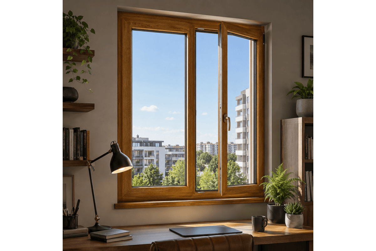 Металопластикове вікно золотий дуб ламіноване VEKA Softline 2х-стулкове з поворотно-відкидною стулкою 1300 × 1300 мм