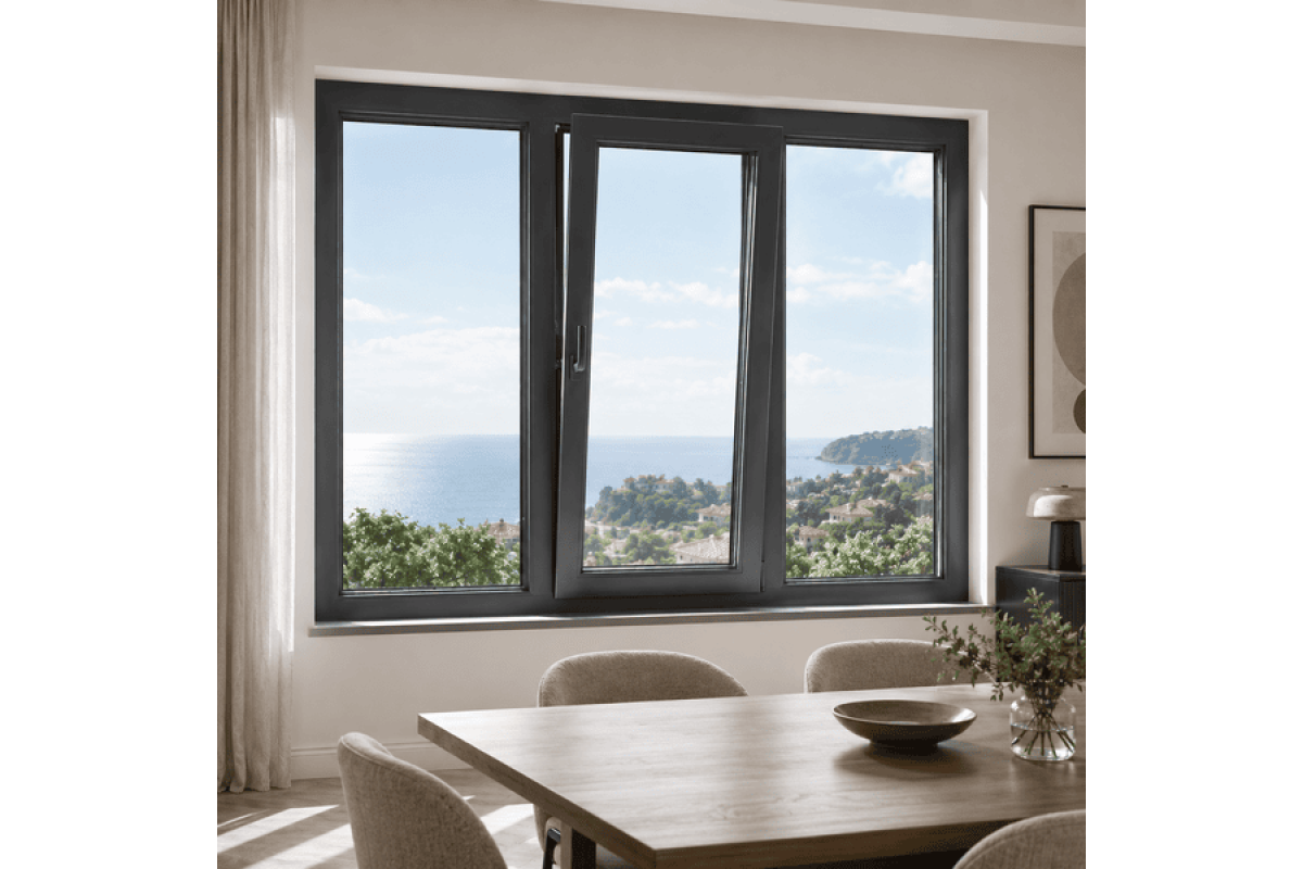 Металлопластиковое окно антрацит ламинированное Steko 7S 3х-створчатое с поворотно-откидной створкой 2000 × 1000 мм