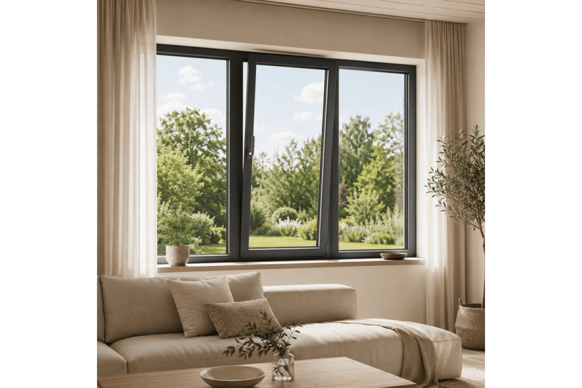 Металлопластиковое окно антрацит ламинированное REHAU EURO 70 3х-створчатое с поворотно-откидной створкой 2100 × 1400 мм