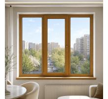Металлопластиковое окно золотой дуб ламинированное VEKA Softline 82 3х-створчатое с поворотно-откидной створкой 2000 × 1400 мм
