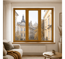 Металлопластиковое окно золотой дуб ламинированное VEKA Softline 82 3х-створчатое с поворотно-откидной створкой 2100 × 1400 мм
