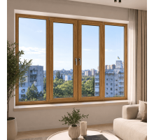 Металлопластиковое окно золотой дуб ламинированное VEKA Softline 76 4х-створчатое с двумя поворотно-откидными створками 2700 × 1200 мм