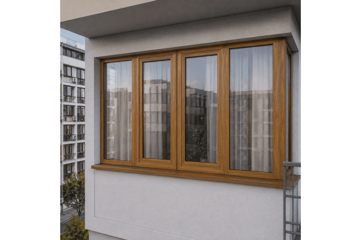 Металлопластиковое окно золотой дуб ламинированное Steko IDEAL 4000 4х-створчатое с двумя поворотно-откидными створками 2600 x 1200 мм