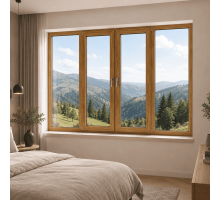 Металлопластиковое окно золотой дуб ламинированное VEKA Softline 82 4х-створчатое с двумя поворотно-откидными створками 2600 × 1300 мм