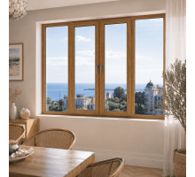 Металлопластиковое окно золотой дуб ламинированное VEKA Softline 82 4х-створчатое с двумя поворотно-откидными створками 2600 × 1200 мм