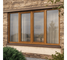 Металлопластиковое окно золотой дуб ламинированное VEKA Softline 4х-створчатое с двумя поворотно-откидными створками 2500 × 1200 мм