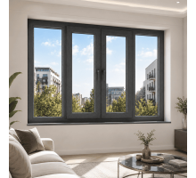 Металлопластиковое окно антрацит ламинированное VEKA Softline 82 4х-створчатое с двумя поворотно-откидными створками 2600 × 1200 мм