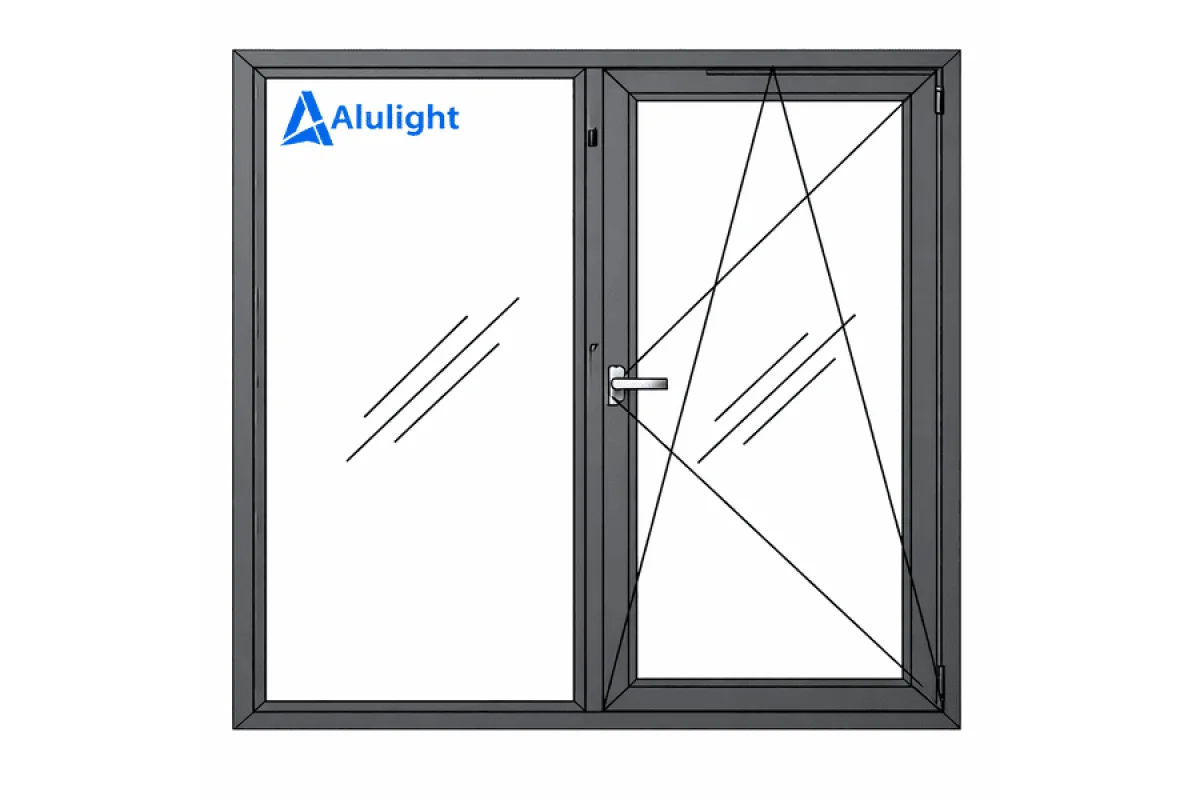 Алюминиевое окно с терморазрывом профиль AluLight W76 двухстворчатое с одной поворотно-откидной створкой 1800*1340 мм антрацит