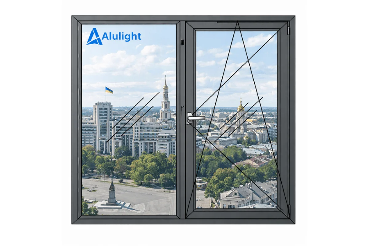 Алюмінієве вікно з терморозривом профіль AluLight W76 двостулкове з одною поворотно-відкидною стулкою 1200*1800 мм антрацит