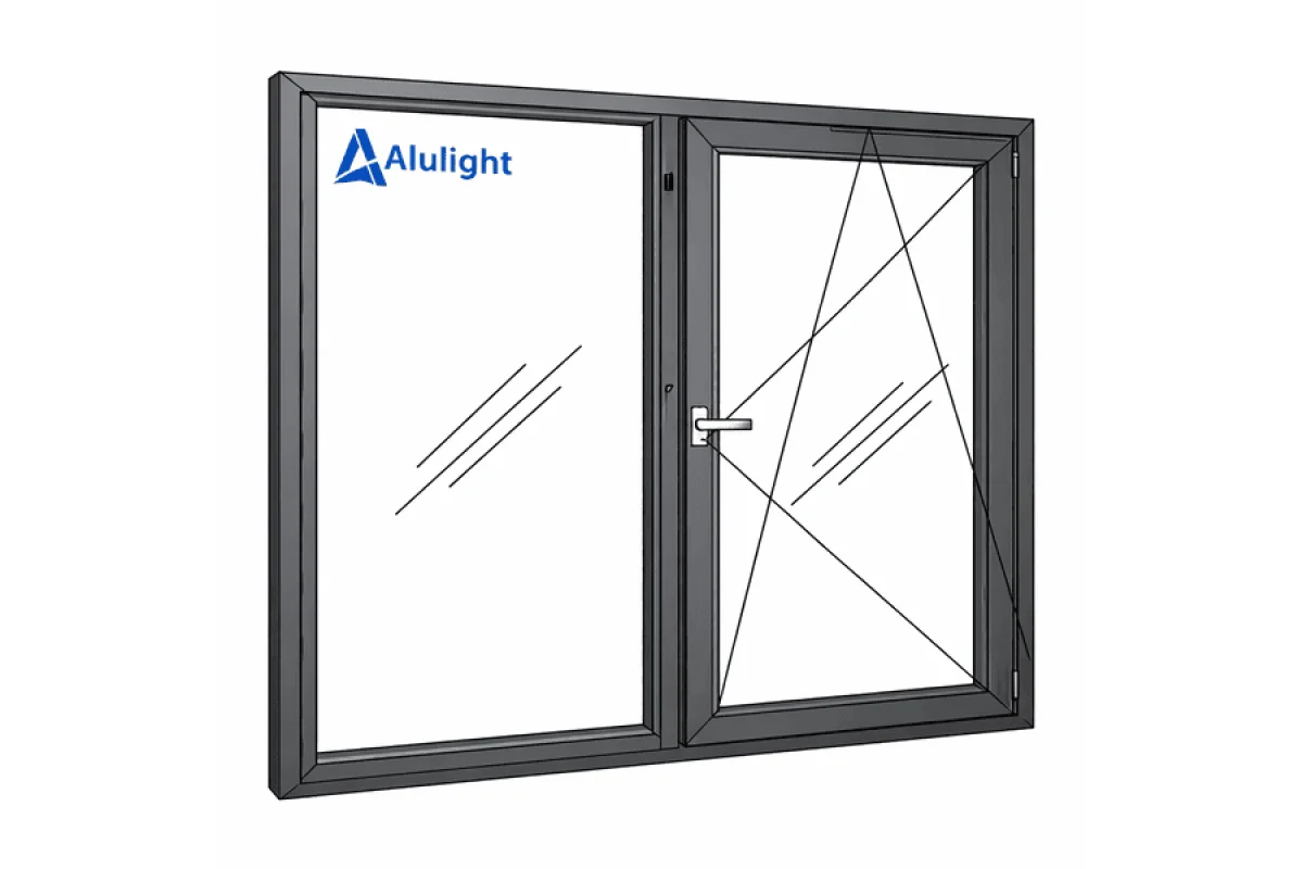 Алюминиевое окно с терморазрывом профиль AluLight W76 двухстворчатое с одной поворотно-откидной створкой 1400*1400 мм антрацит