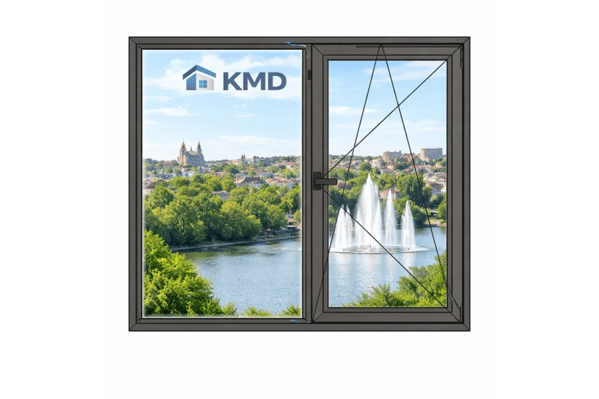 Алюминиевое окно из термоизолированного профиля KMD.78 двухстворчатое с одной поворотно-откидной створкой 1700*1400 мм антрацит