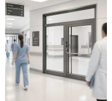 Алюминиевые двери из теплого профиля ALUMIL SD77 для больницы 1500*2300 мм антрацит