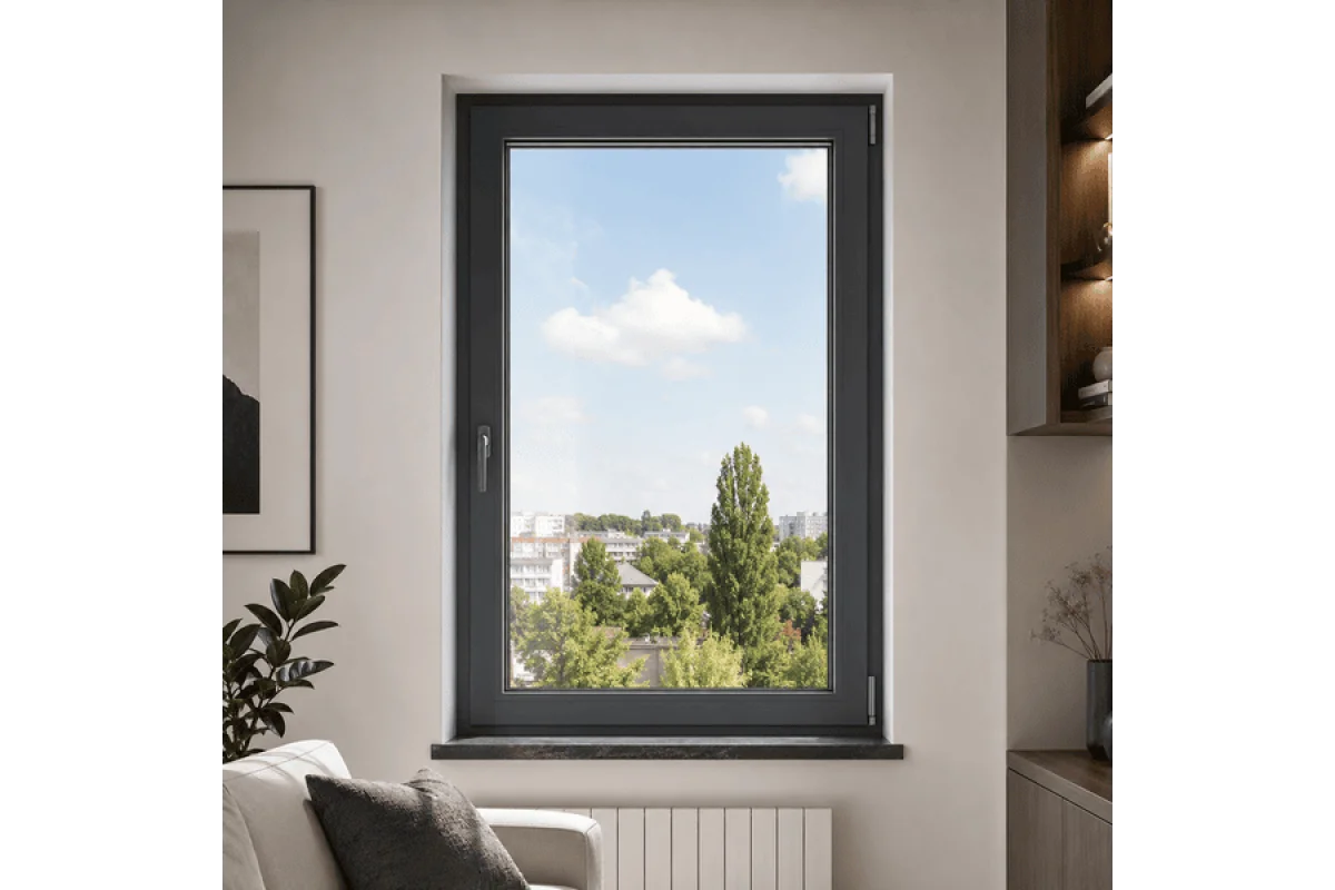 Металопластикове вікно антрацит ламіноване VEKA Softline одностулкове поворотно-відкидне 800 × 1400 мм