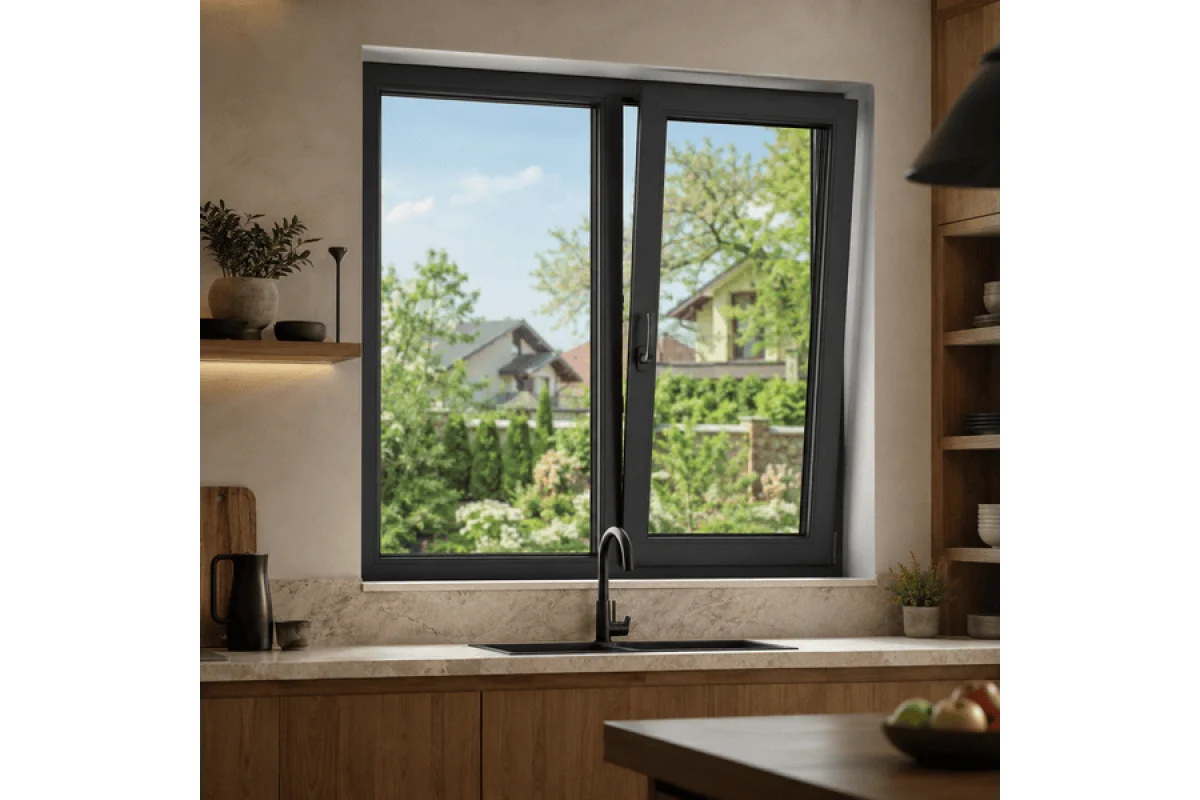 Металопластикове вікно антрацит ламіноване VEKA Softline 76 2х-стулкове з поворотно-відкидною стулкою 1500 × 1400 мм