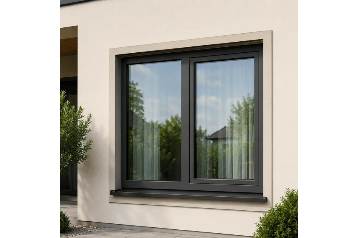 Металлопластиковое окно антрацит ламинированное VEKA Softline 2х-створчатое с поворотно-откидной створкой 1300 × 1400 мм