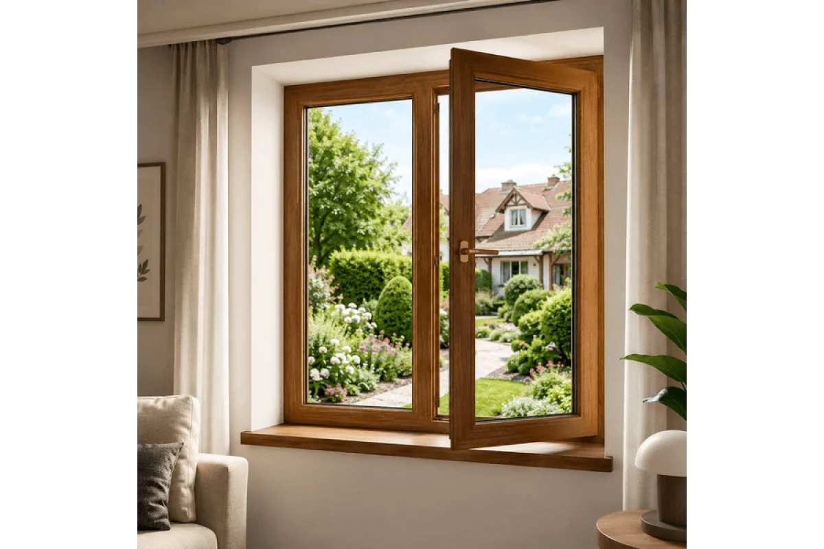 Металопластикове вікно золотий дуб ламіноване VEKA Softline 2х-стулкове з поворотно-відкидною стулкою 1300 × 1400 мм