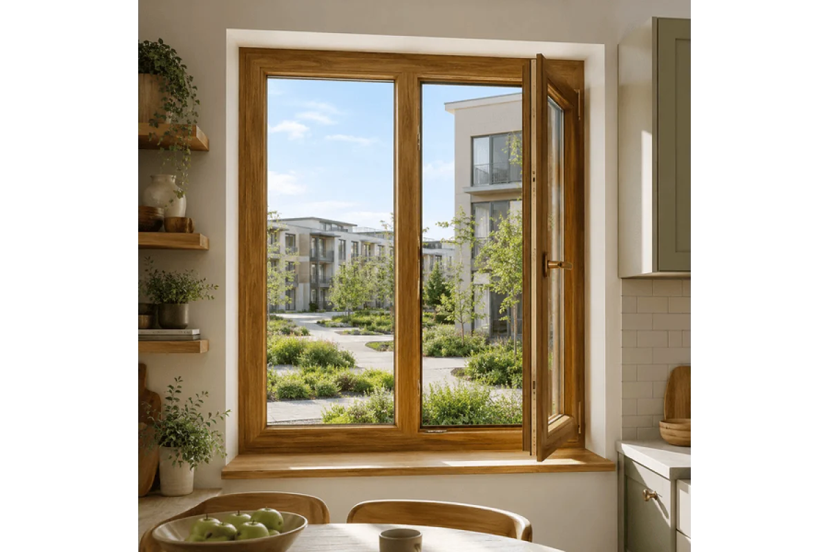 Металопластикове вікно золотий дуб ламіноване VEKA Softline 2х-стулкове з поворотно-відкидною стулкою 1500 × 1400 мм