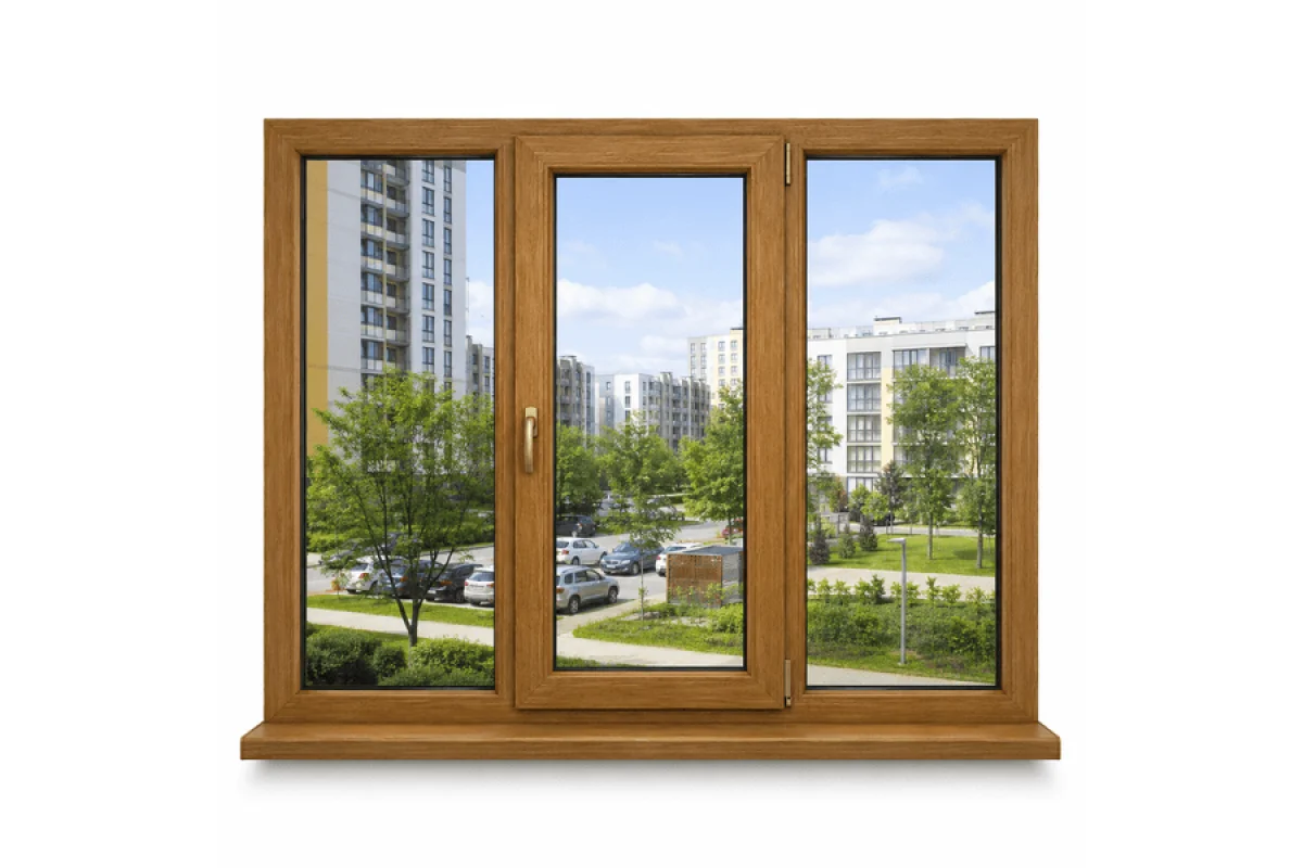 Металопластикове вікно золотий дуб ламіноване VEKA Softline 3х-стулкове з поворотно-відкидною стулкою 2100 × 1400 мм