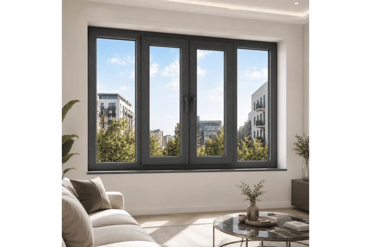 Металопластикове вікно антрацит ламіноване VEKA Softline 82 4х-стулкове з двома поворотно-відкидними стулками 2600 × 1200 мм