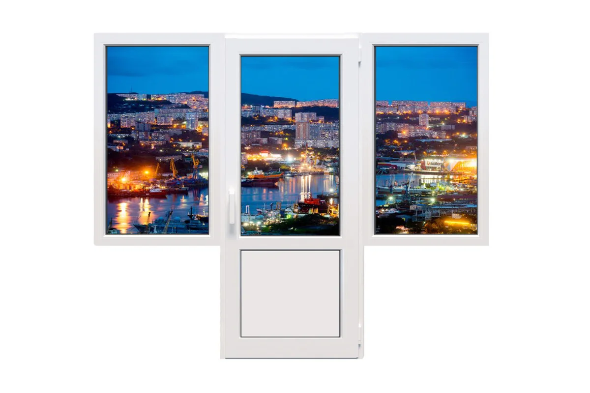 Балконный блок VEKA Softline 82 с двумя окнами и поворотно-откидной дверью 2200 x 2100 мм