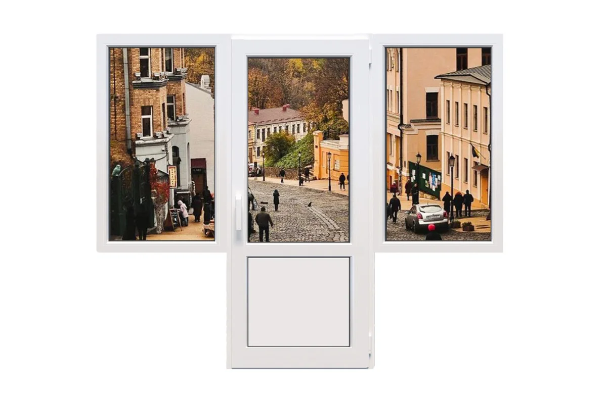 Балконный блок Viknaroff Fenster 500 с двумя окнами и поворотно-откидной дверью 2300 x 2100 мм